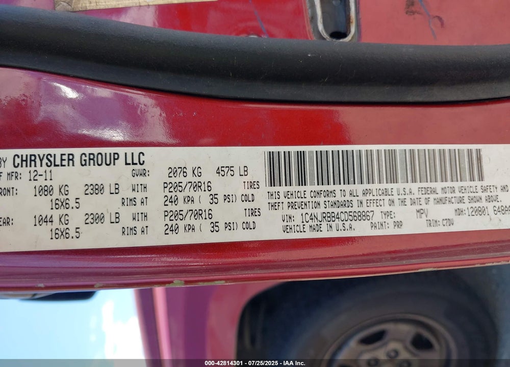 2012 JEEP PATRIOT VIN: 1C4NJRBB4CD568867