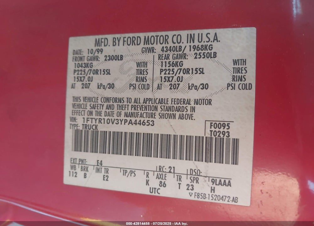 2000 FORD RANGER VIN: 1FTYR10V3YPA44653