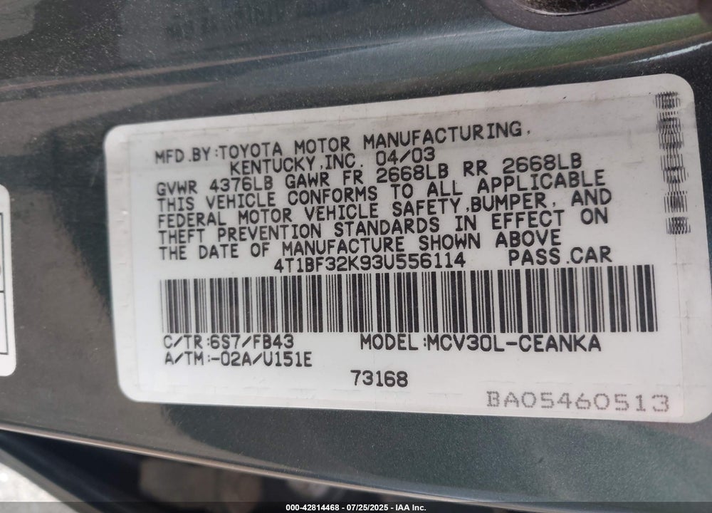 2003 TOYOTA CAMRY VIN: 4T1BF32K93U556114