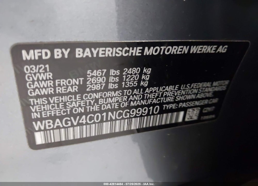 2022 BMW 8 SERIES VIN: WBAGV4C01NCG99910