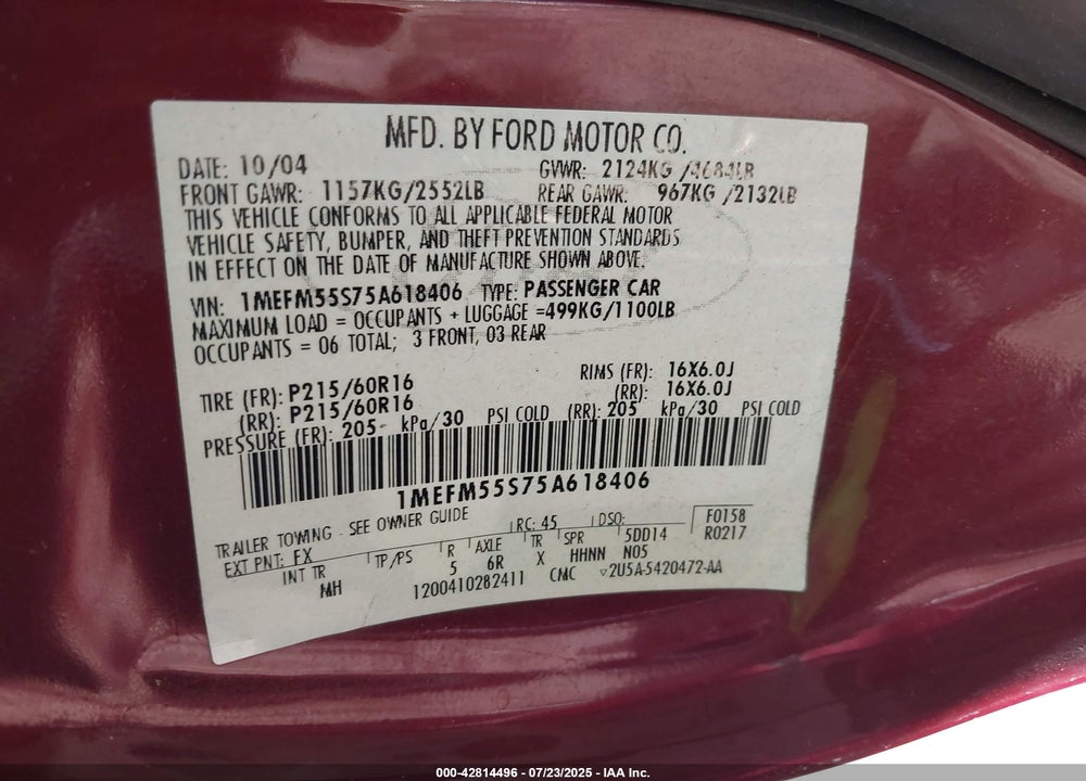 2005 MERCURY SABLE LS VIN: 1MEFM55S75A618406