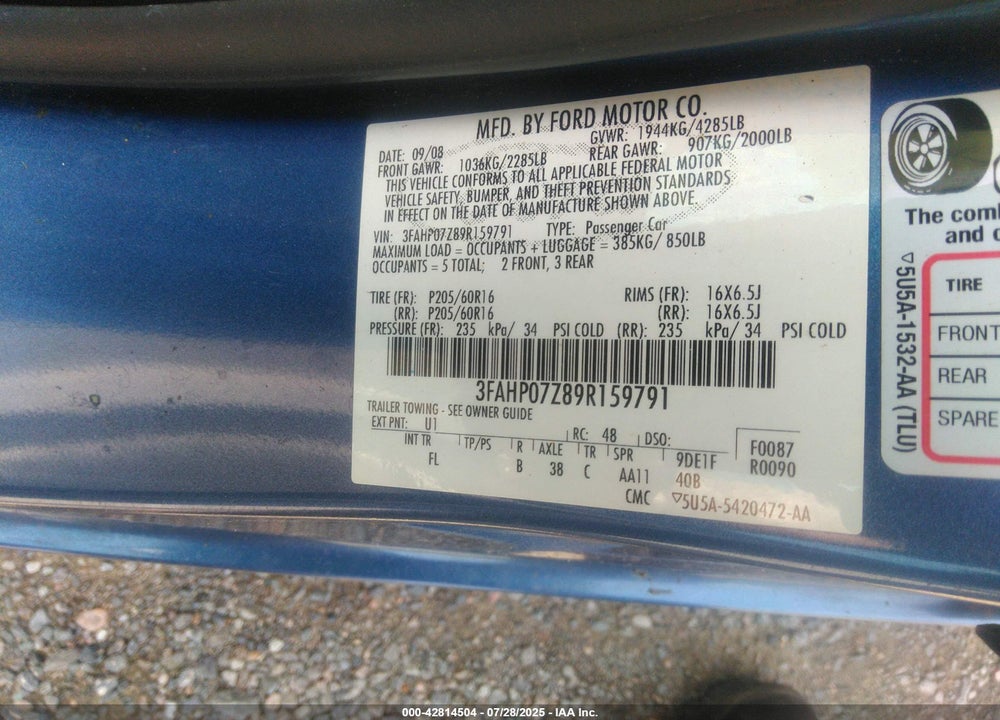 2009 FORD FUSION VIN: 3FAHP07Z89R159791