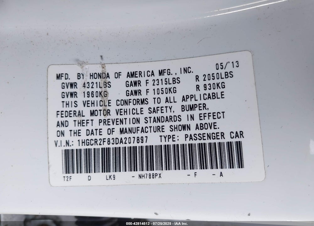 2013 HONDA ACCORD EX-L VIN: 1HGCR2F83DA207897