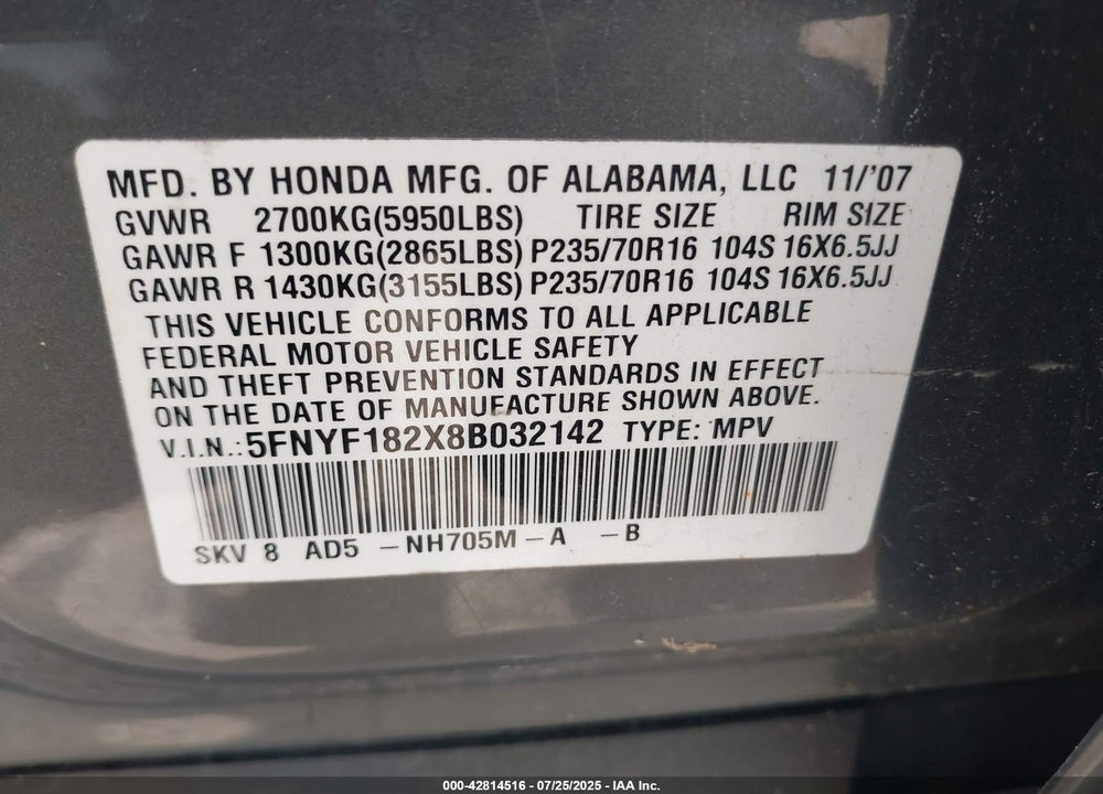 2008 HONDA PILOT VIN: 5FNYF182X8B032142