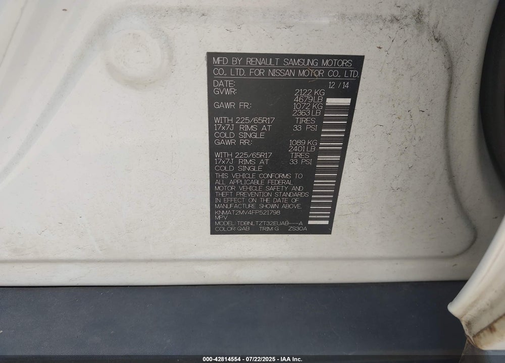 2015 NISSAN ROGUE VIN: KNMAT2MV4FP521798