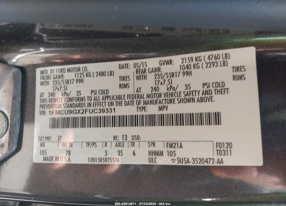 2015 FORD ESCAPE VIN: 1FMCU9GX2FUC39331
