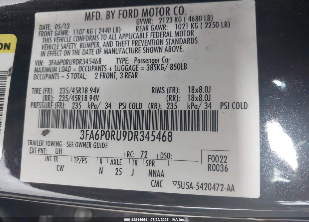 2013 FORD FUSION HYBRID VIN: 3FA6P0RU9DR345468