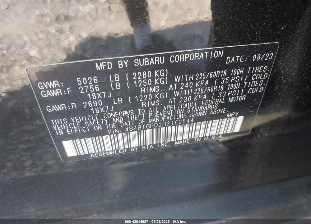 2024 SUBARU OUTBACK VIN: 4S4BTGPD2R3162544