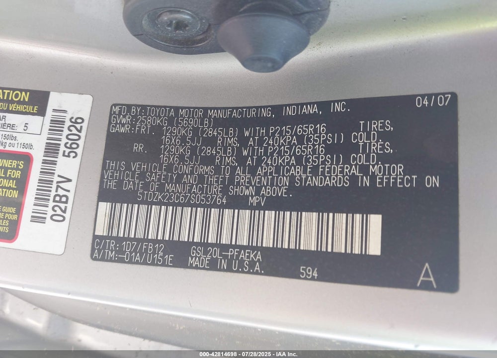 2007 TOYOTA SIENNA VIN: 5TDZK23C67S053764