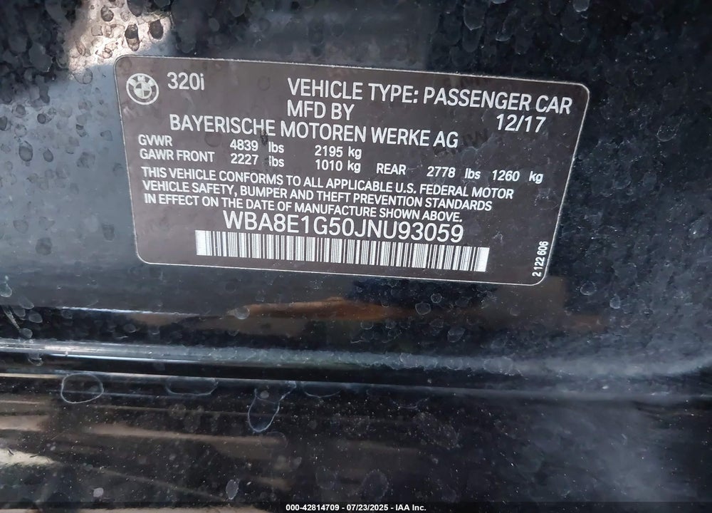 2018 BMW 320I VIN: WBA8E1G50JNU93059
