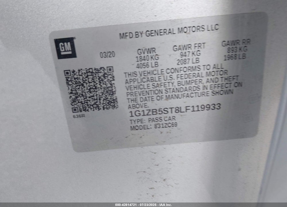 2020 CHEVROLET MALIBU VIN: 1G1ZB5ST8LF119933
