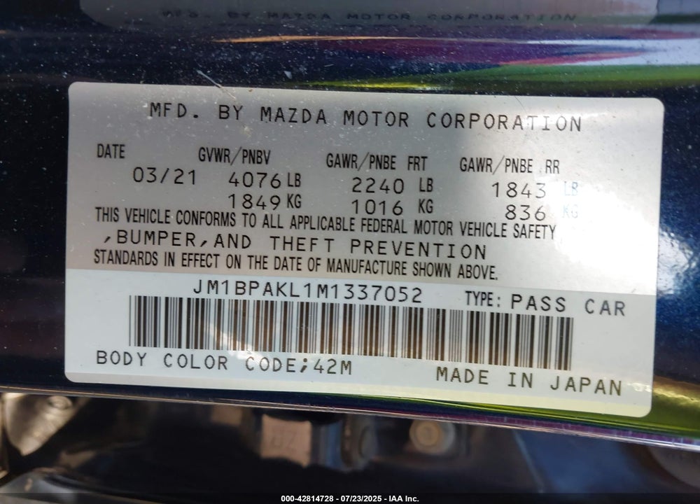 2021 MAZDA 3 VIN: JM1BPAKL1M1337052