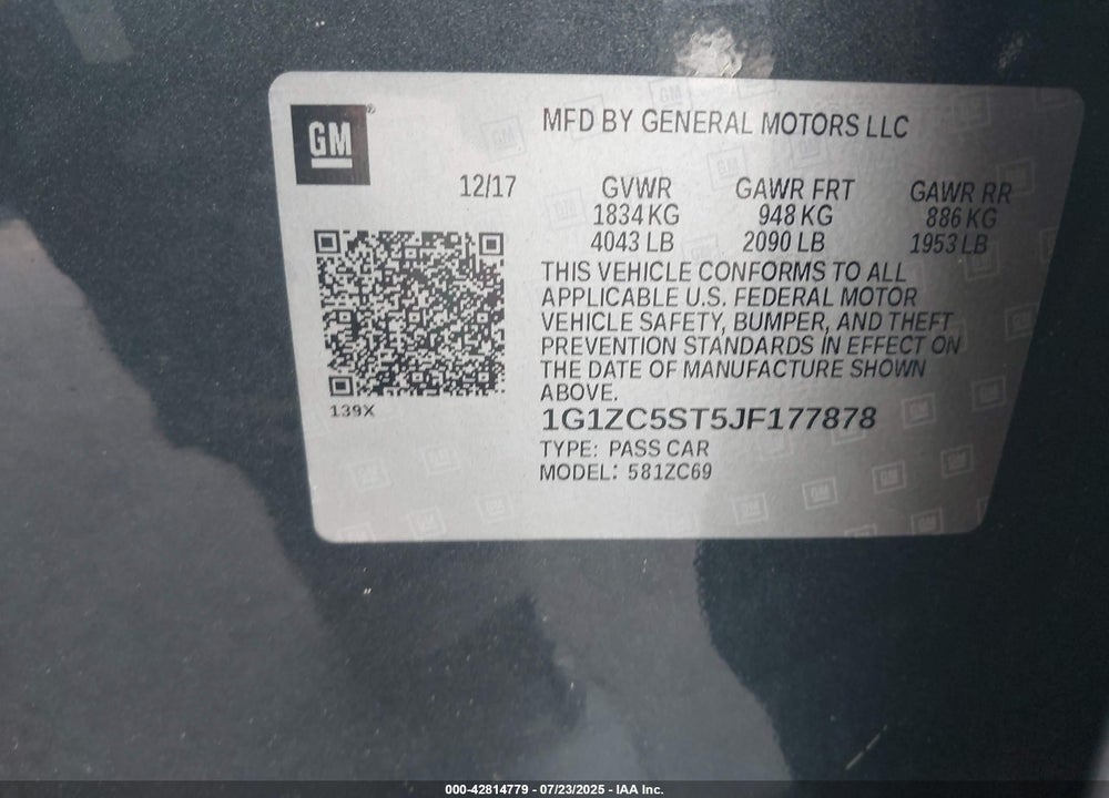 2018 CHEVROLET MALIBU VIN: 1G1ZC5ST5JF177878