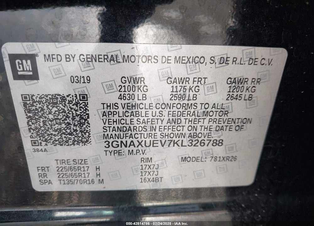 2019 CHEVROLET EQUINOX VIN: 3GNAXUEV7KL326788