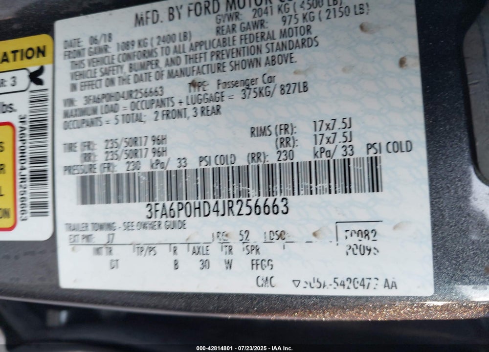 2018 FORD FUSION VIN: 3FA6P0HD4JR256663