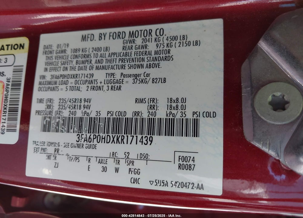 2019 FORD FUSION SE VIN: 3FA6P0HDXKR171439