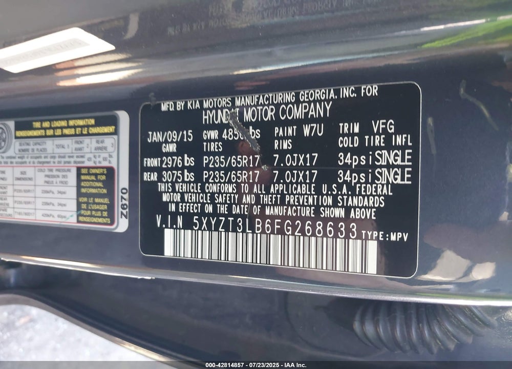 2015 HYUNDAI SANTA FE VIN: 5XYZT3LB6FG268633