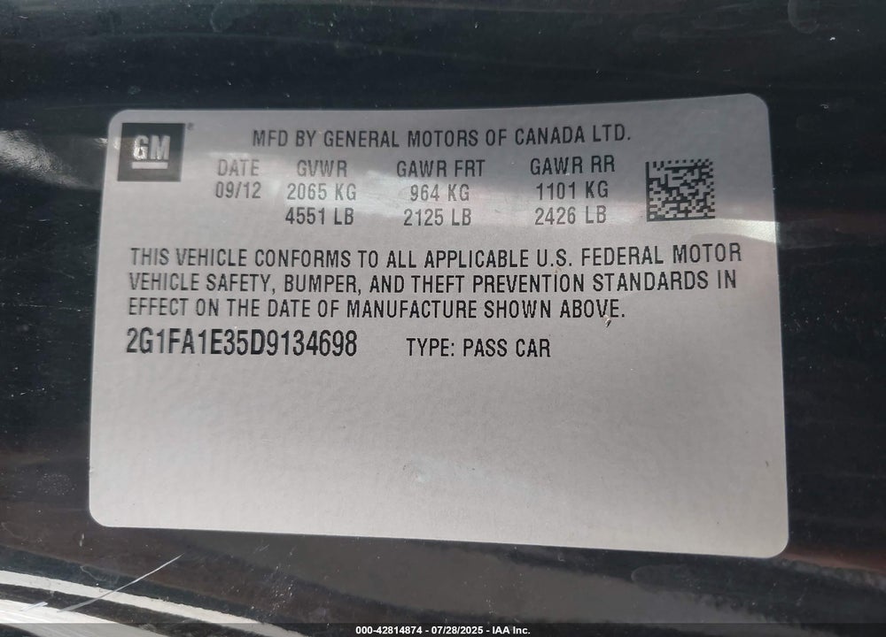 2013 CHEVROLET CAMARO 2LS VIN: 2G1FA1E35D9134698