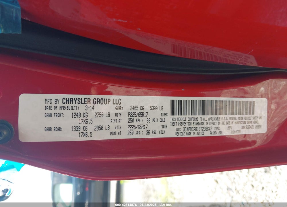 2014 DODGE JOURNEY SE VIN: 3C4PDCAB1ET238647