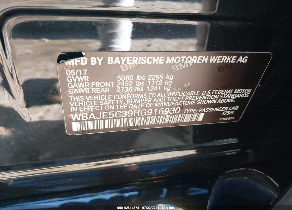 2017 BMW 5 SERIES VIN: WBAJE5C39HG916930