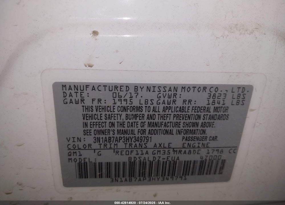 2017 NISSAN SENTRA VIN: 3N1AB7AP3HY349791
