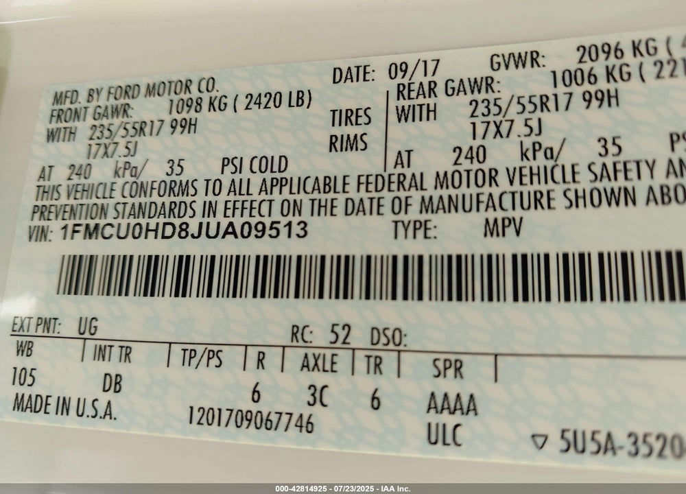 2018 FORD ESCAPE VIN: 1FMCU0HD8JUA09513