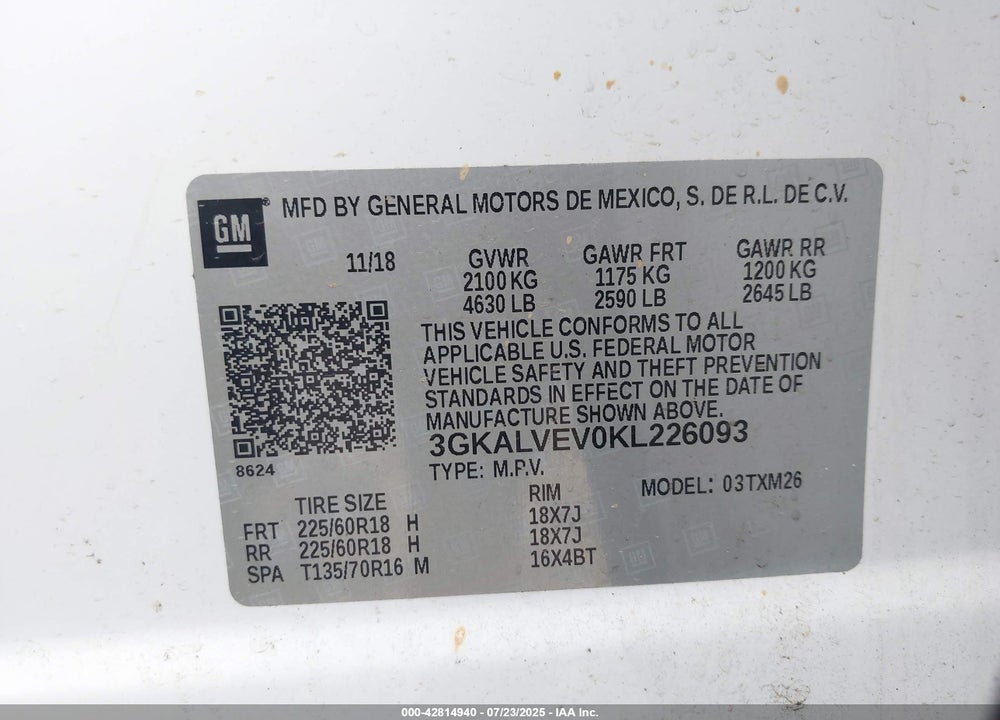 2019 GMC TERRAIN SLT VIN: 3GKALVEV0KL226093