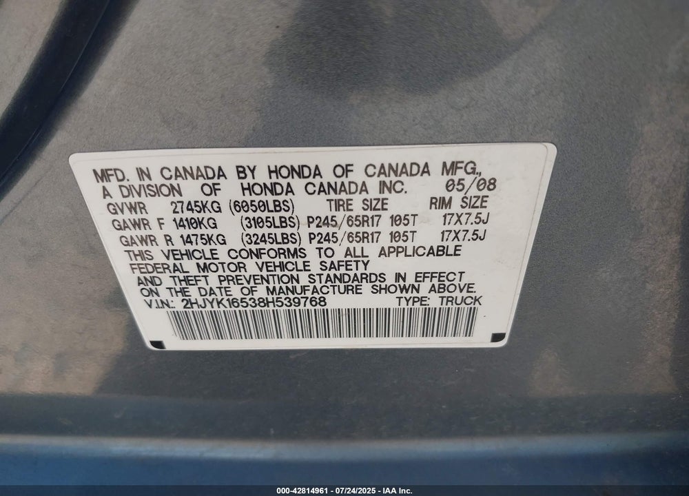 2008 HONDA RIDGELINE RTL VIN: 2HJYK16538H539768