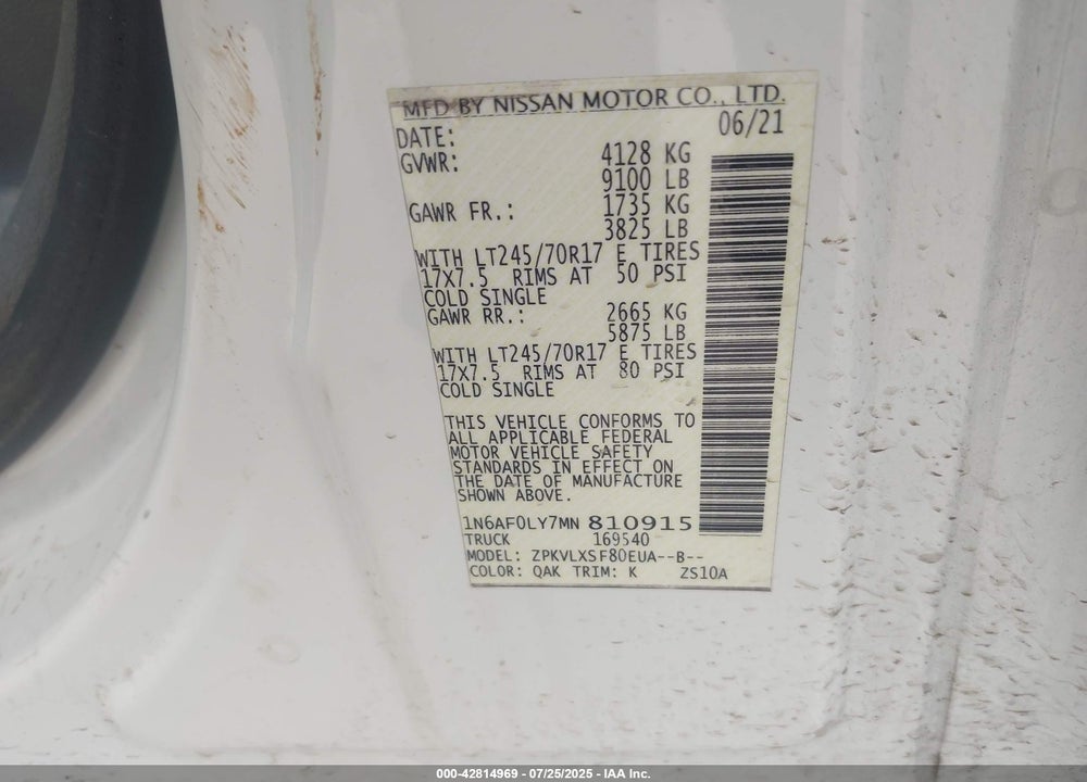 2021 NISSAN NV CARGO NV2500 HD SV HIGH ROOF V8 VIN: 1N6AF0LY7MN810915