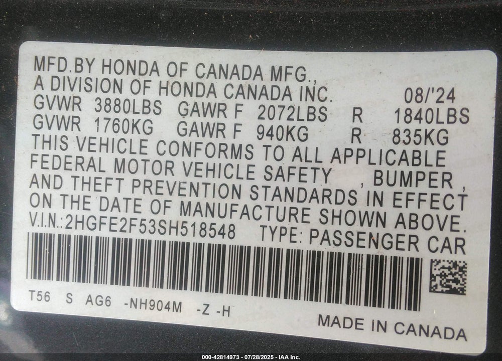 2025 HONDA CIVIC VIN: 2HGFE2F53SH518548