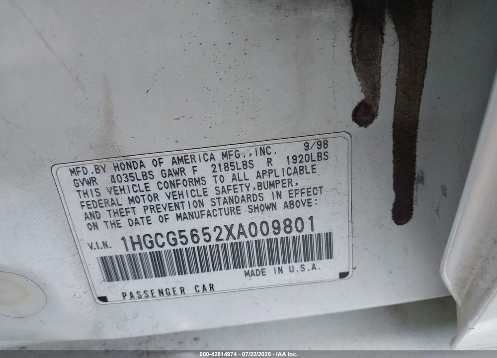 1999 HONDA ACCORD EX VIN: 1HGCG5652XA009801