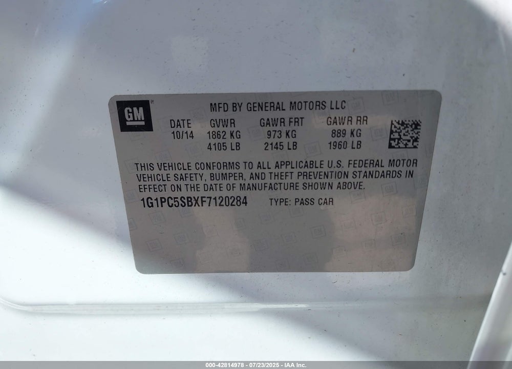2015 CHEVROLET CRUZE VIN: 1G1PC5SBXF7120284