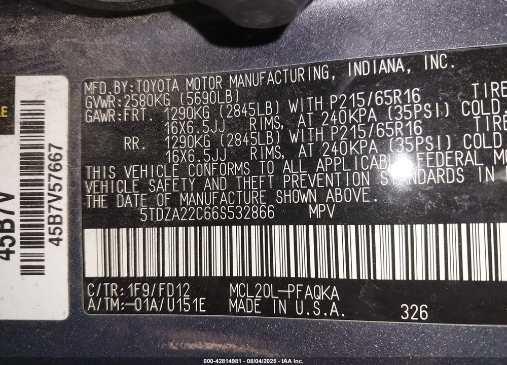 2006 TOYOTA SIENNA XLE VIN: 5TDZA22C66S532866