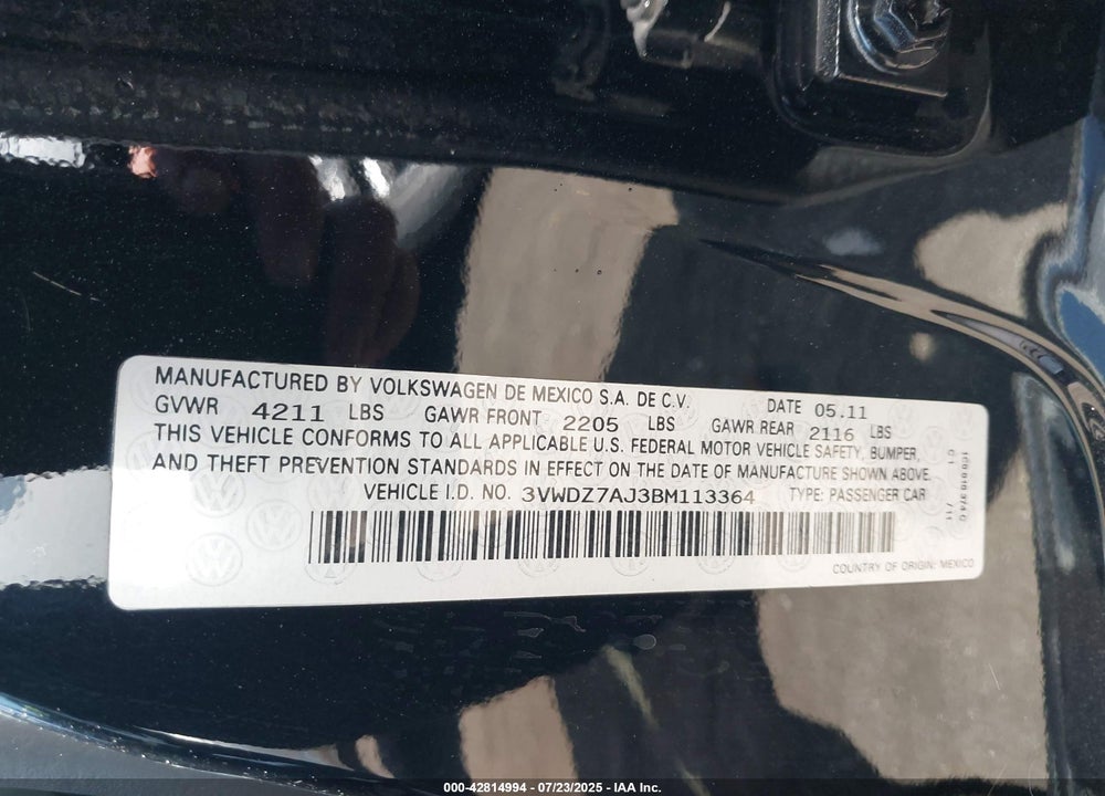 2011 VOLKSWAGEN JETTA VIN: 3VWDZ7AJ3BM113364