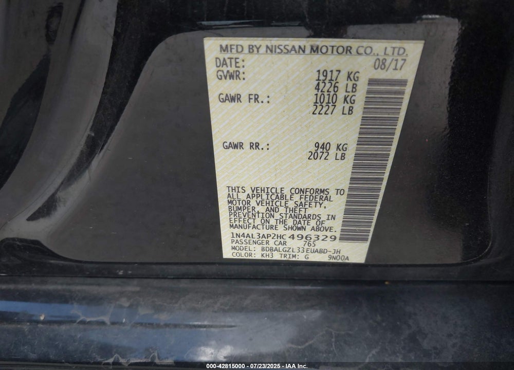 2017 NISSAN ALTIMA VIN: 1N4AL3AP2HC496329