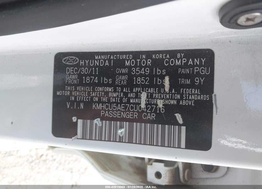 2012 HYUNDAI ACCENT VIN: KMHCU5AE7CU042716