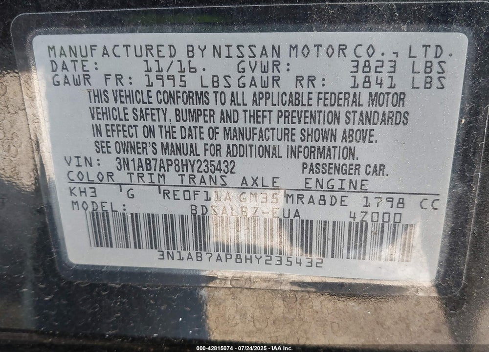 2017 NISSAN SENTRA VIN: 3N1AB7AP8HY235432