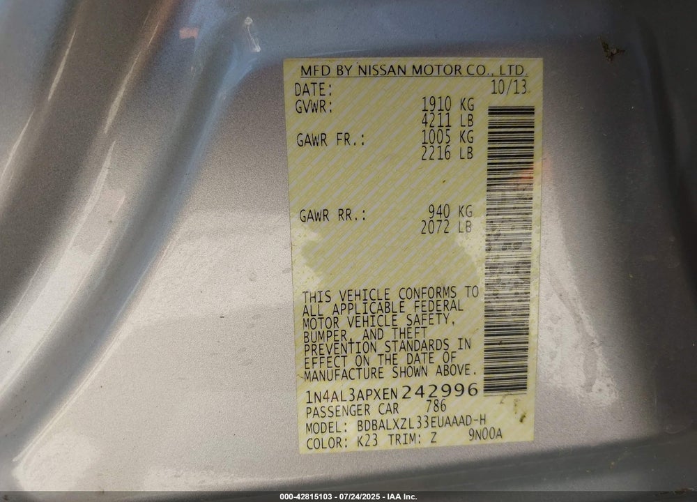 2014 NISSAN ALTIMA VIN: 1N4AL3APXEN242996