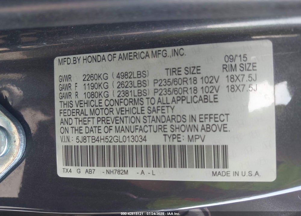 2016 ACURA RDX VIN: 5J8TB4H52GL013034