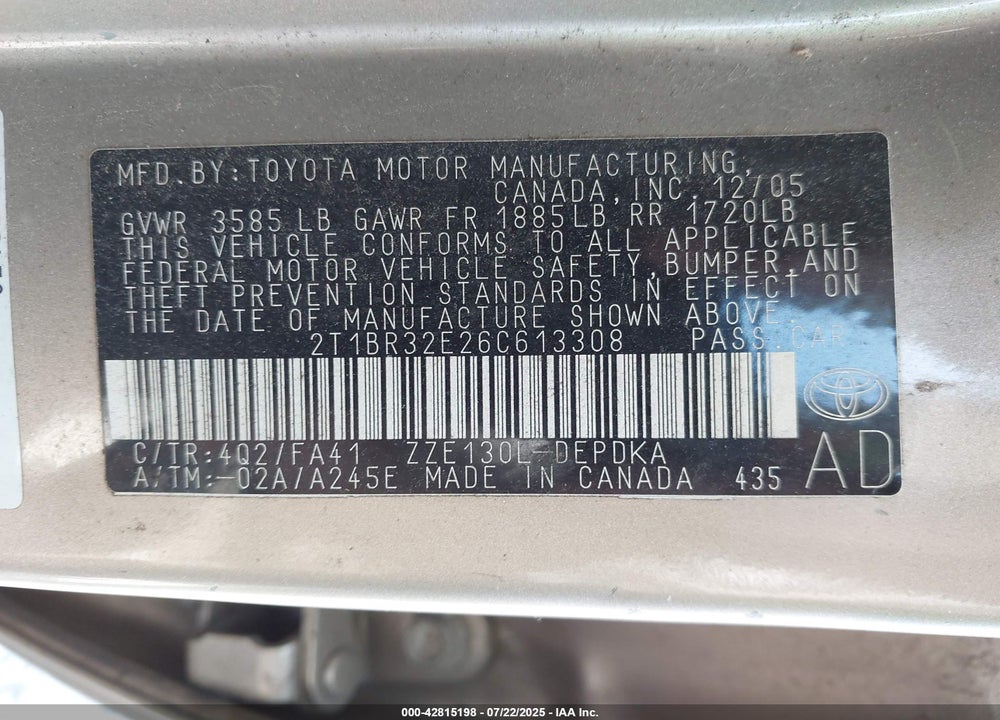 2006 TOYOTA COROLLA VIN: 2T1BR32E26C613308