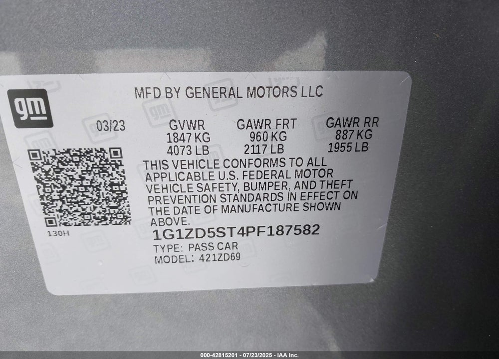 2023 CHEVROLET MALIBU VIN: 1G1ZD5ST4PF187582
