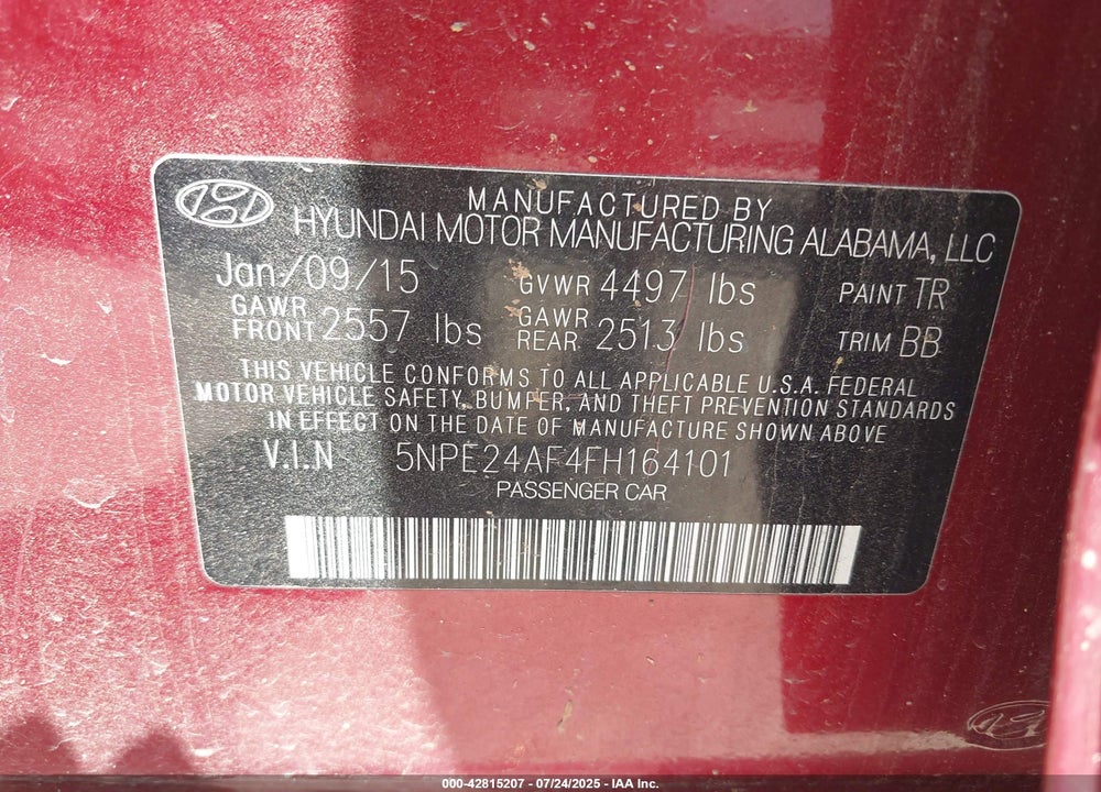 2015 HYUNDAI SONATA SE VIN: 5NPE24AF4FH164101