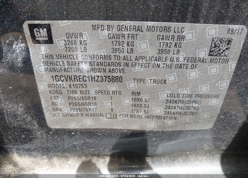 2017 CHEVROLET SILVERADO 1500 VIN: 1GCVKREC1HZ375880