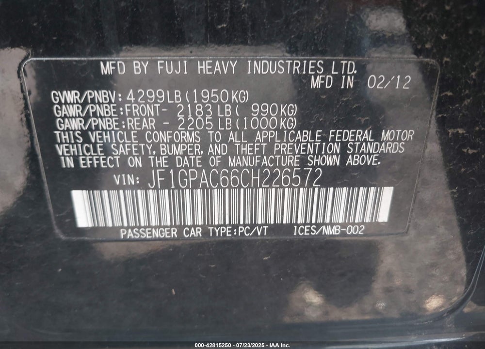 2012 SUBARU IMPREZA VIN: JF1GPAC66CH226572
