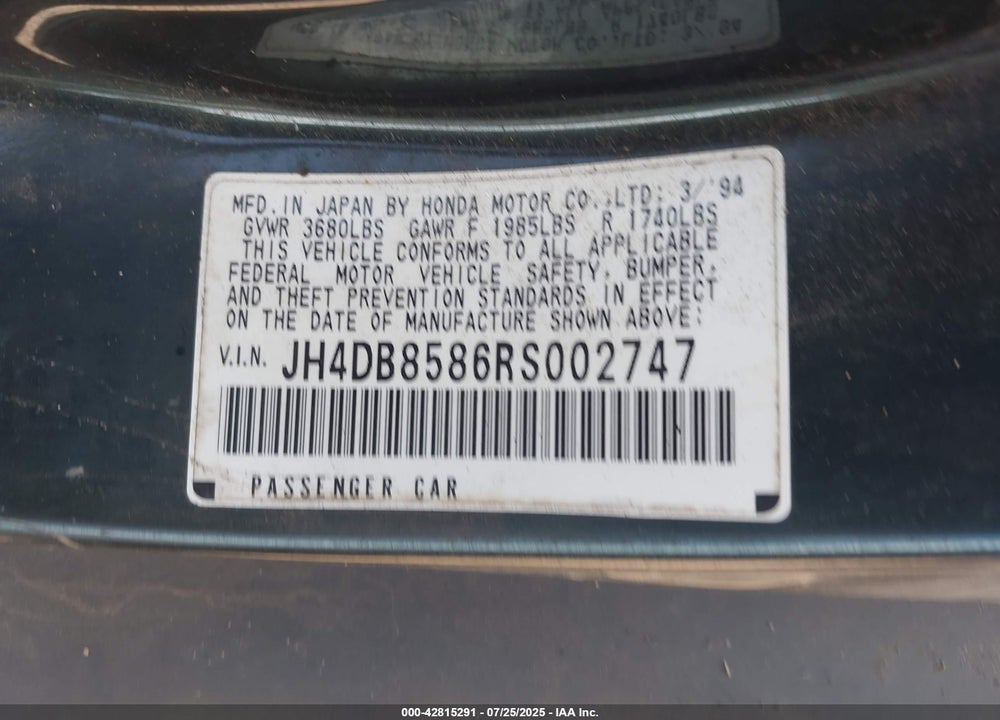 1994 ACURA INTEGRA GSR VIN: JH4DB8586RS002747