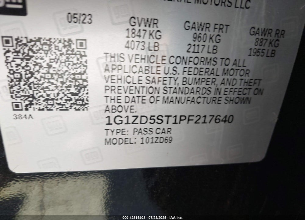 2023 CHEVROLET MALIBU VIN: 1G1ZD5ST1PF217640