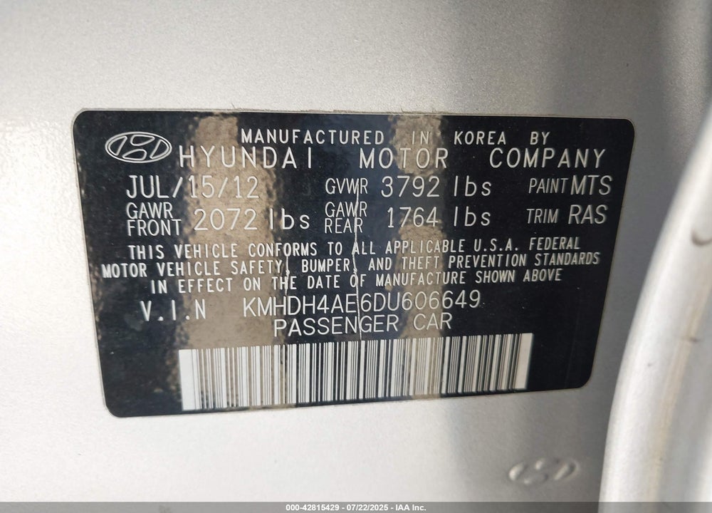 2013 HYUNDAI ELANTRA VIN: KMHDH4AE6DU606649