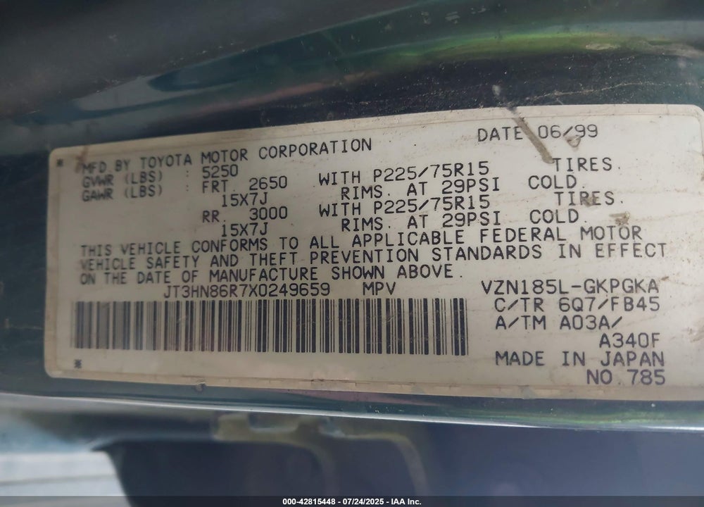 1999 TOYOTA 4RUNNER VIN: JT3HN86R7X0249659