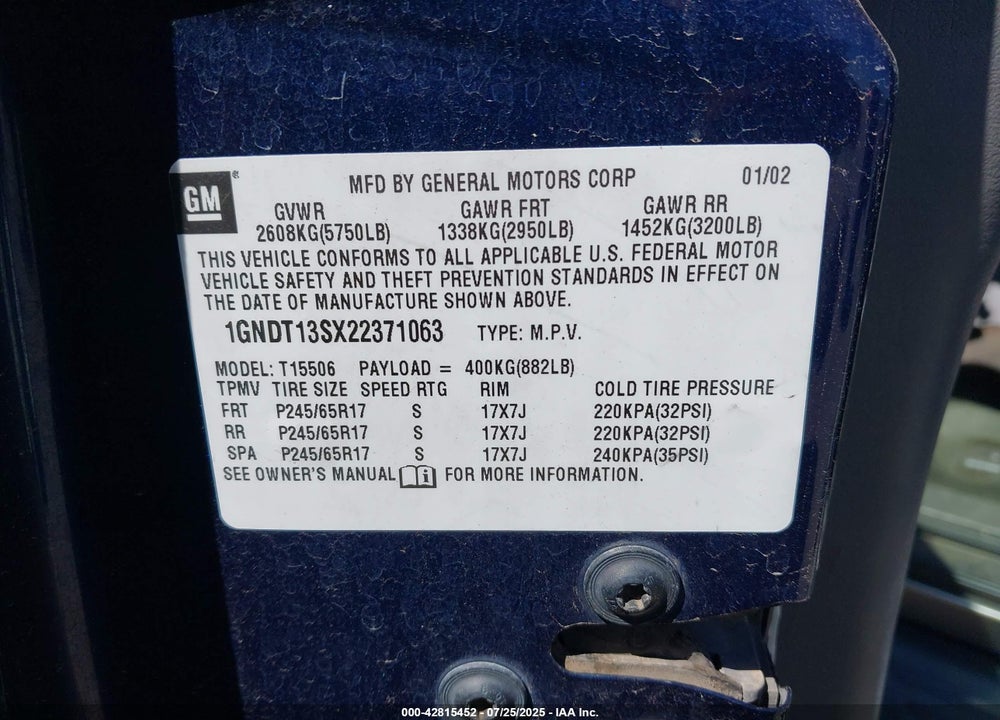 2002 CHEVROLET TRAILBLAZER VIN: 1GNDT13SX22371063