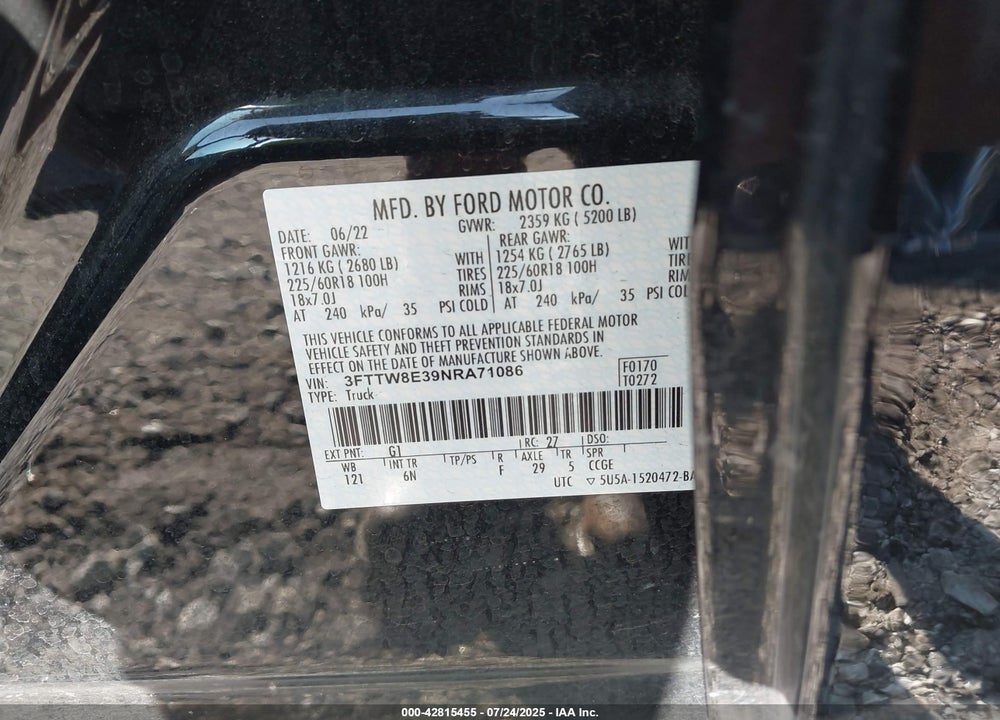 2022 FORD MAVERICK VIN: 3FTTW8E39NRA71086